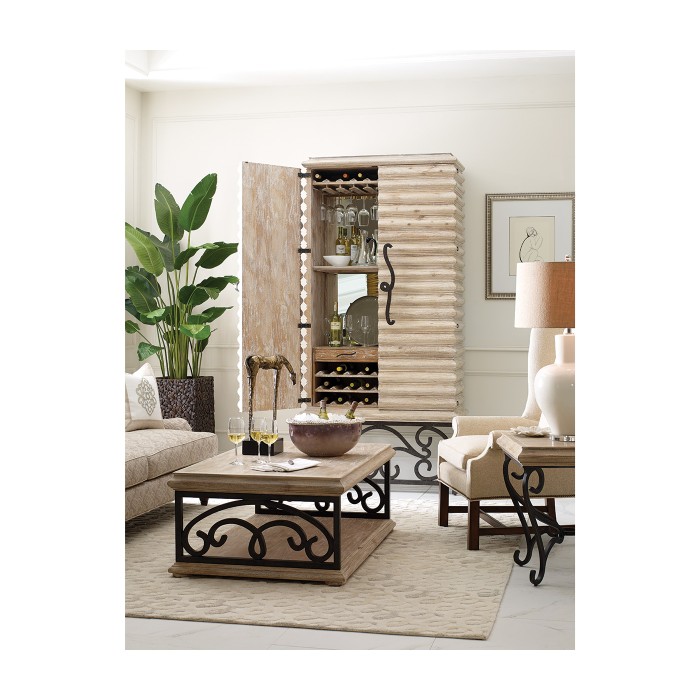 Limed Wood Wine Cabinet with Wrought Iron Base