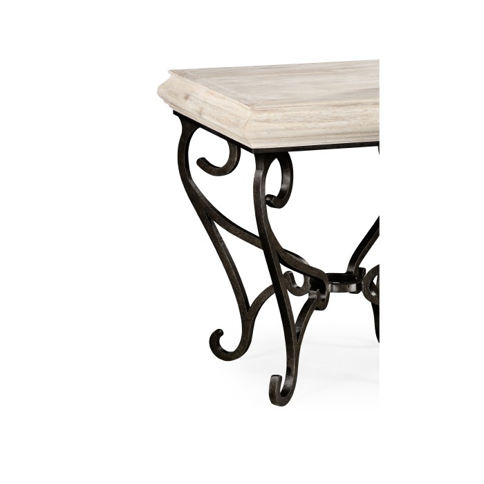 Limed Wood Square Side Table with Wrought Iron Base