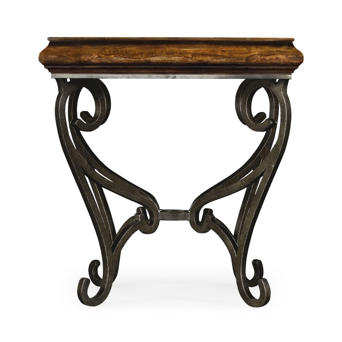 Rustic Walnut Square Side Table with Wrought Iron Base