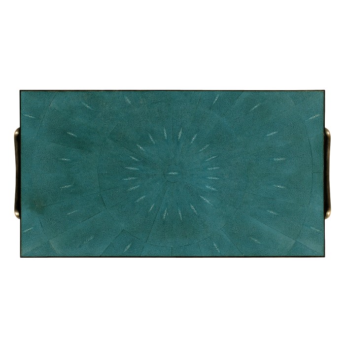Teal Faux Shagreen and Bronze Legged Coffee Table