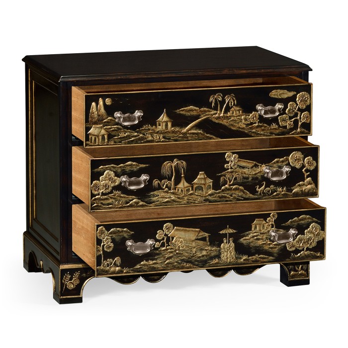 Chinoiserie Style Ebonised Bedside Chest of Drawers