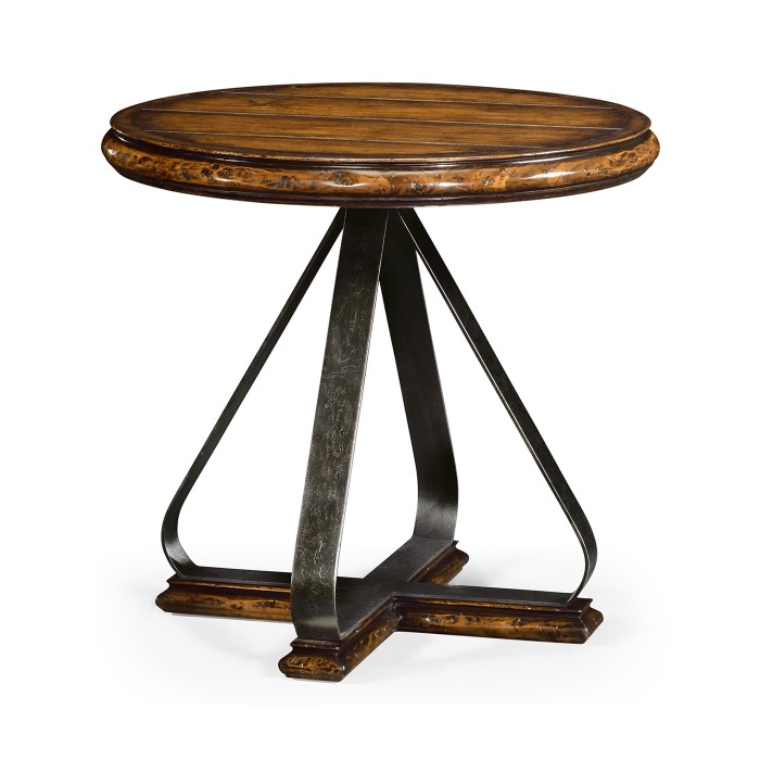 Round Side Table with Iron Base in Rustic Walnut