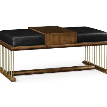 Camden Walnut Cocktail Ottoman with Tray, Upholstered in Black Leather