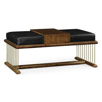 Camden Walnut Cocktail Ottoman with Tray, Upholstered in Black Leather