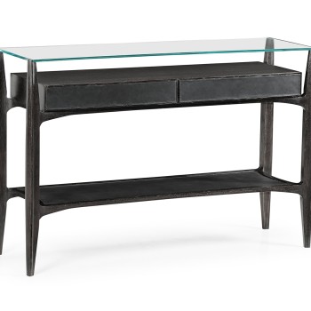 Architects Black Leather & Black Mocha Oak Console Table with Drawers and Glass Top