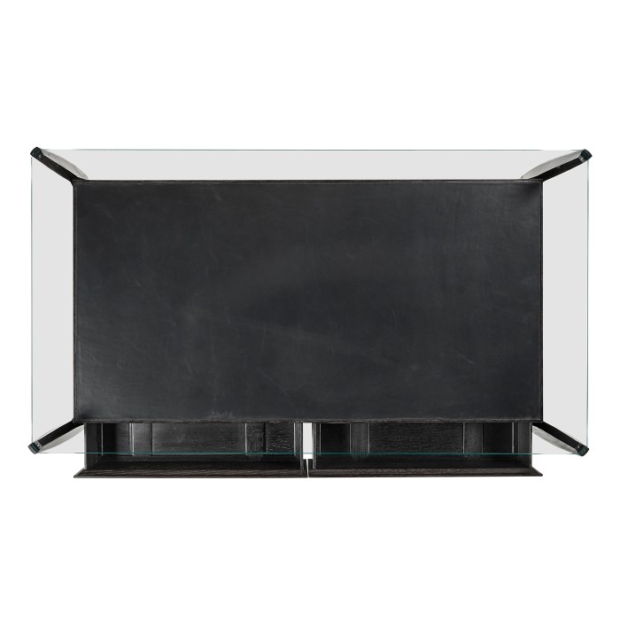Architects Black Leather & Black Mocha Oak Cocktail Table with Drawers and Glass Top