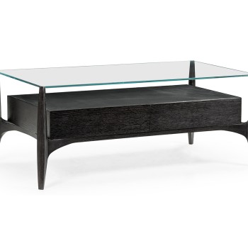 Architects Black Leather & Black Mocha Oak Cocktail Table with Drawers and Glass Top