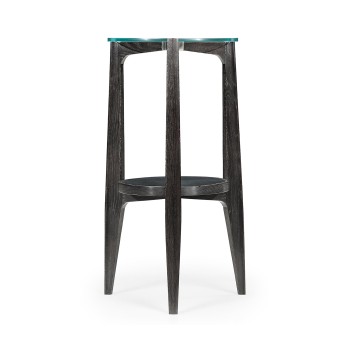 Architectural Round Black Leather & Black Mocha Oak End Table with Glass Top