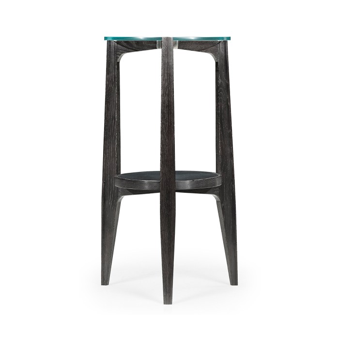 Architectural Round Black Leather & Black Mocha Oak End Table with Glass Top
