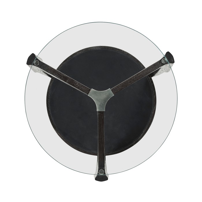 Architectural Round Black Leather & Black Mocha Oak End Table with Glass Top