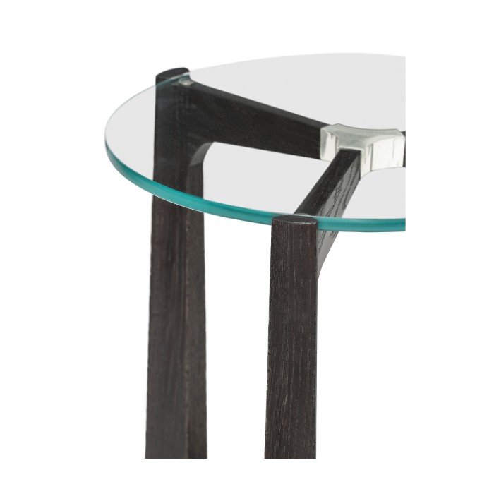Architectural Round Black Leather & Black Mocha Oak End Table with Glass Top