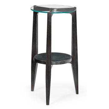 Architectural Round Black Leather & Black Mocha Oak End Table with Glass Top