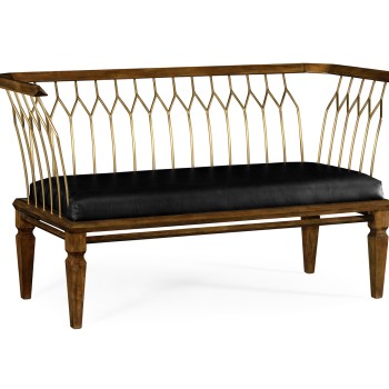 Contemporary Walnut & Brass Bench, Upholstered in Black Leather