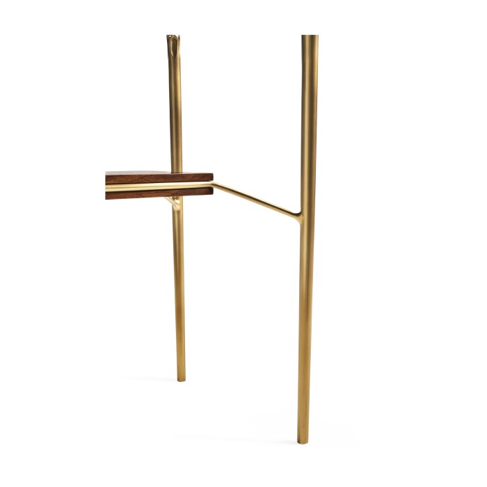 Console table in Tropical walnut crotch with brass base