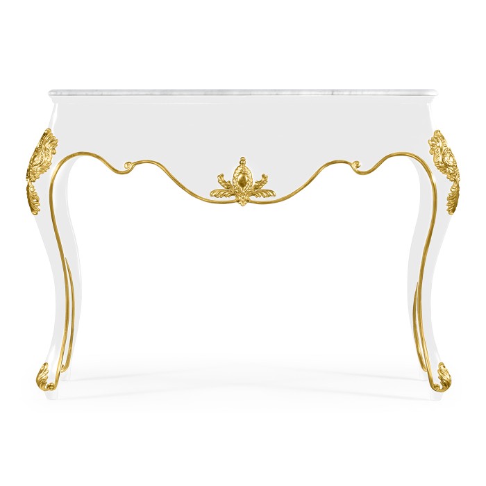 White Laquered Console Table with Light Grey Marble Top