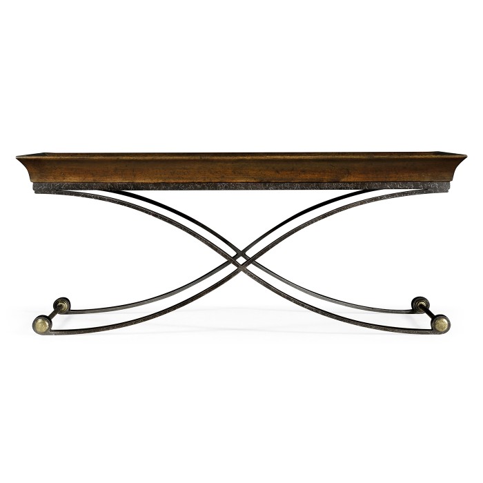 Brown mahogany coffee table with antique iron base