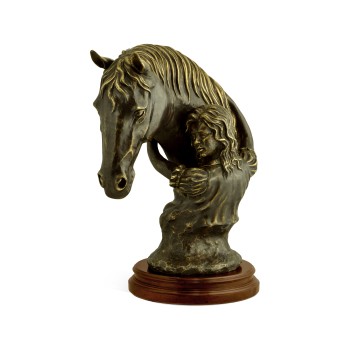 Antique Dark Bronze Young Girl & Her Horse