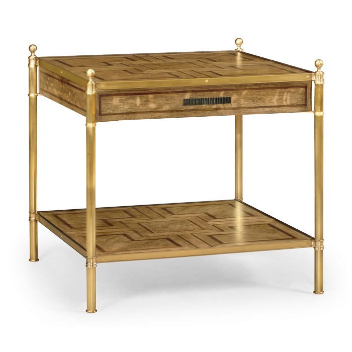 Square English Brown Oak Lamp Table with Drawer