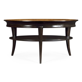 Circular Charcoal & Walnut Cocktail Table with Antique Mirror Top