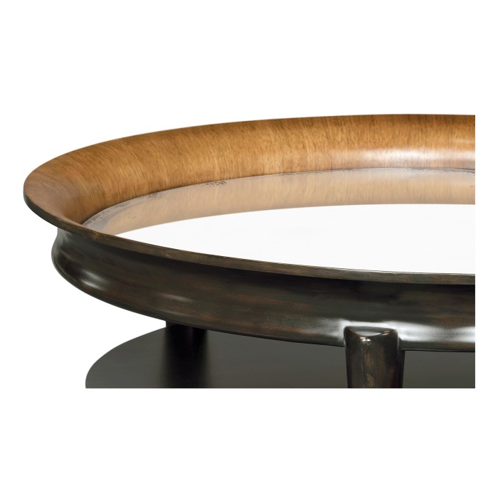 Circular Charcoal & Walnut Cocktail Table with Antique Mirror Top