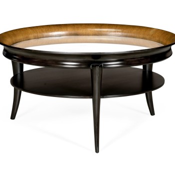 Circular Charcoal & Walnut Cocktail Table with Antique Mirror Top
