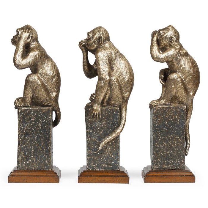 Three Antique Light Brown Brass Wise Monkeys