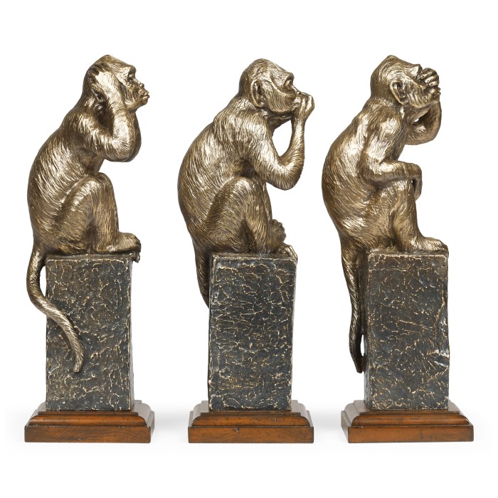 Three Antique Light Brown Brass Wise Monkeys