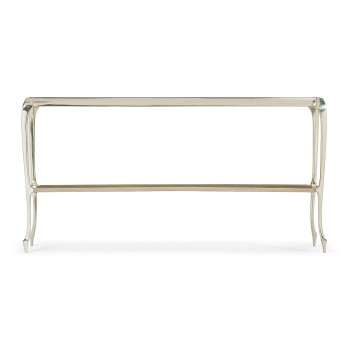 Narrow Rivoli Walnut & White Stainless Steel Console Table with Clear Glass Top
