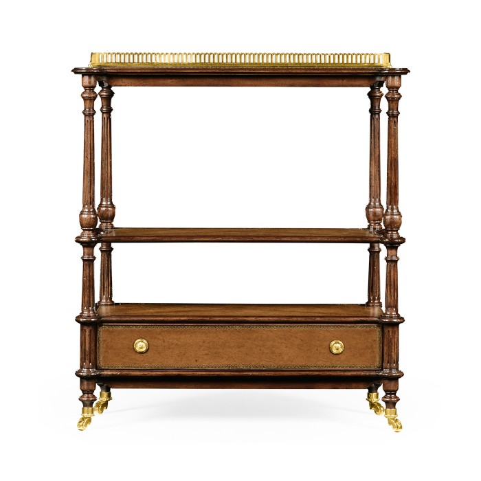 Mahogany, brass and leather inlaid 3-tier étagère with drawer