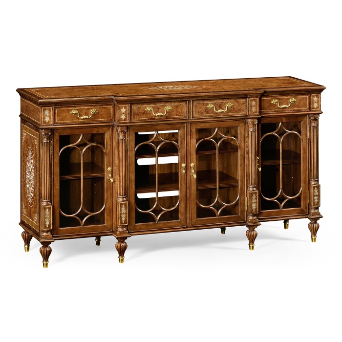 Burl & mother of pearl glazed display/entertainment cabinet