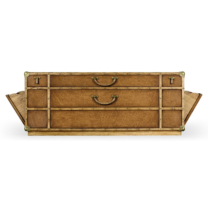 Travel trunk style coffee table with storage and brown leather
