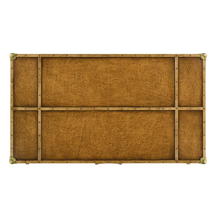 Travel trunk style coffee table with storage and brown leather