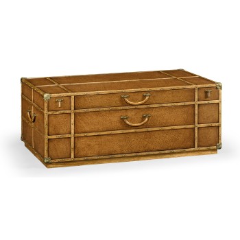 Travel trunk style coffee table with storage and brown leather