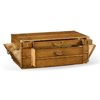Travel trunk style coffee table with storage and brown leather