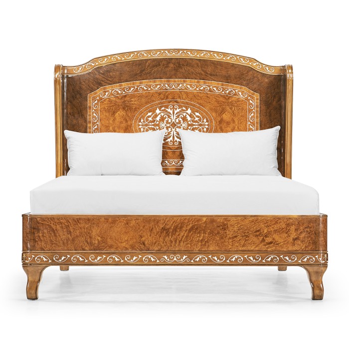 Louis XV Style Burl Walnut & Mother Of Pearl US Queen Bed