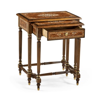 Burl and mother of pearl inlaid nest of two tables with carved legs