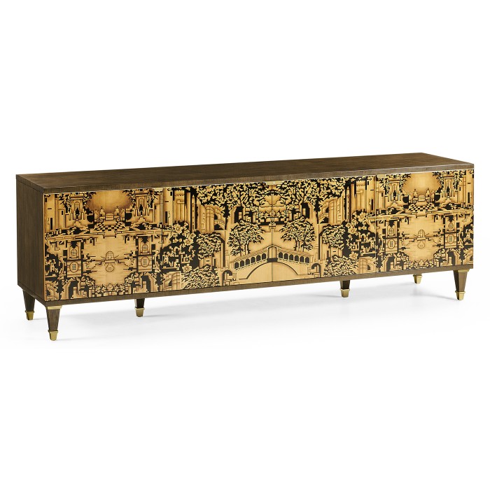 Dark Gold Walnut & Hand Painted TV Cabinet