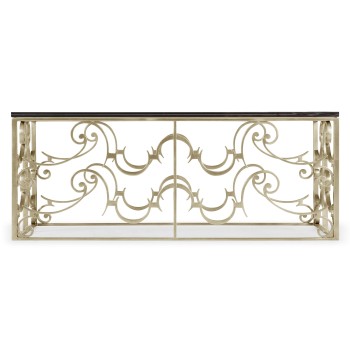 Rectangular Arabesque Silver-Leaf Iron Coffee Table with 20mm Clear Glass Top