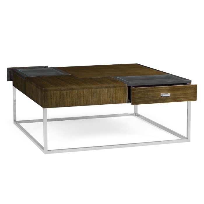 Square Autumn Walnut Coffee Table with Two Glass Top Drawers