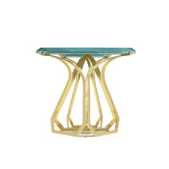 Round Jewel Style Brass & Daphne Blue Diamond Cut End Table