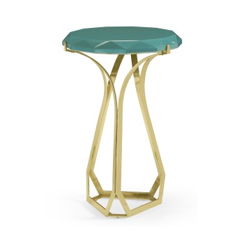 Round Jewel Style Brass & Daphne Blue Diamond Cut End Table