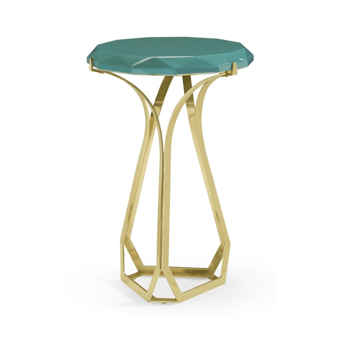 Round Jewel Style Brass & Daphne Blue Diamond Cut End Table