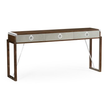 Campaign Style Dark Santos Rosewood & Grey Leather Console Table with Drawers