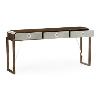 Campaign Style Dark Santos Rosewood & Grey Leather Console Table with Drawers