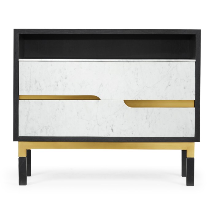 Contemporary Ebonised Oak & White Calcutta Marble Bedside Chest of Drawers