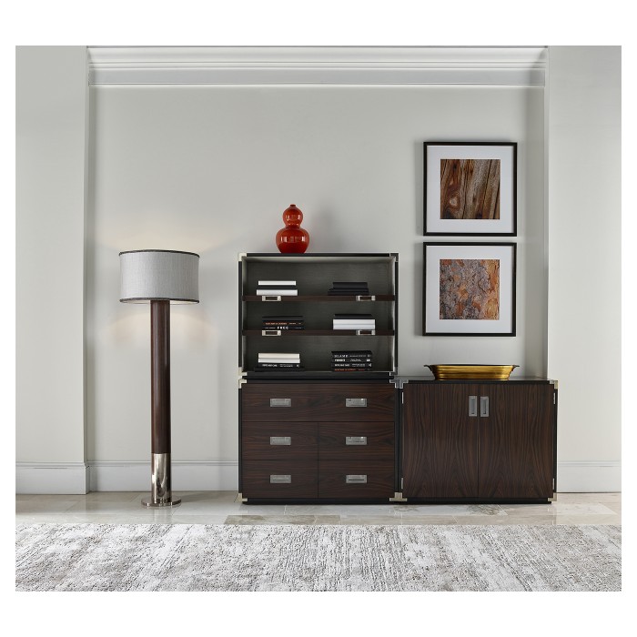 Circular Campaign Style Dark Santos Rosewood & White Stainless Steel Floor Lamp