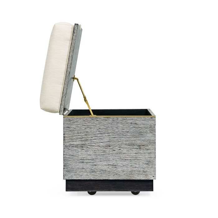 Geometric Dark French Oak Stool with Inside Storage on Wheels