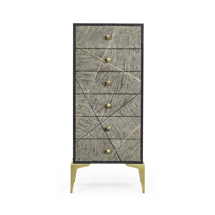 Geometric Tall Dark French Oak Chest of Six Drawers