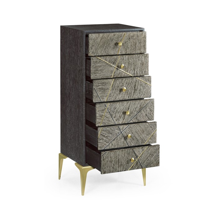 Geometric Tall Dark French Oak Chest of Six Drawers