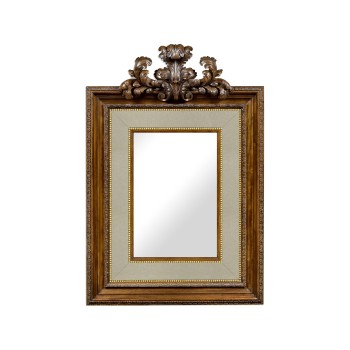 Large Carved Honey Walnut Mirror, Upholstered in MAZO